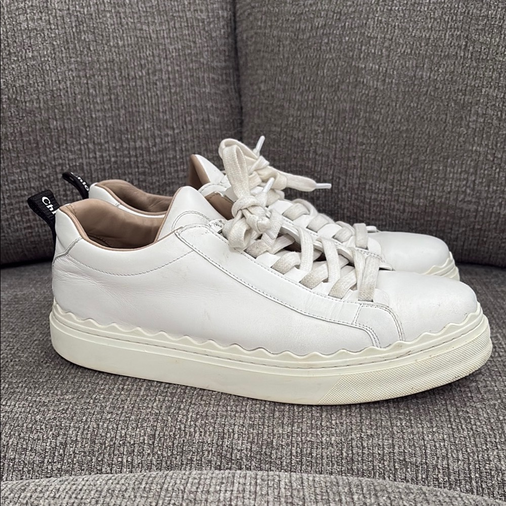 Chloe Scalloped Leather White Sneakers with Textured Upper and Thick Sole - Picture 9 of 16